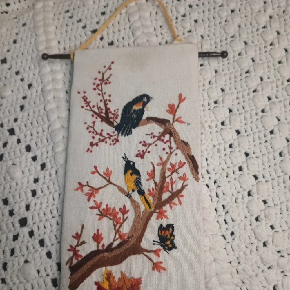 Embroidered Cross Stitch Hanging Art Birds Vintage Handmade Quail Leewards 26X6